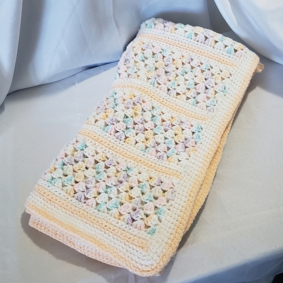 Handmade Baby Blanket Crochet Knit Pastel Shimmer Pink Purple Blue Peach White - Picture 9 of 9
